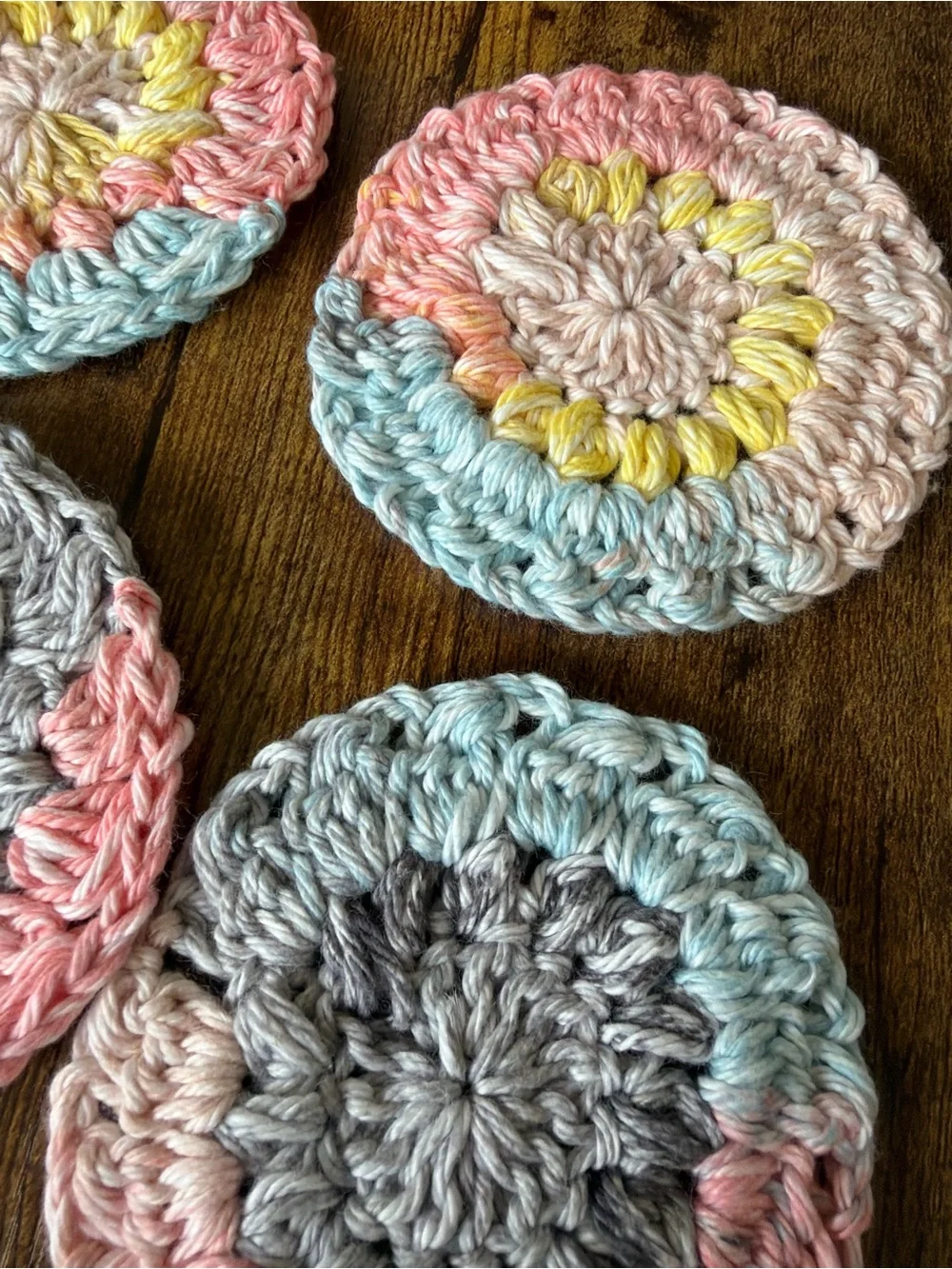 Hand Crafted Pastel Crochet Round Coasters in Pink, Blue, Gray, Cream